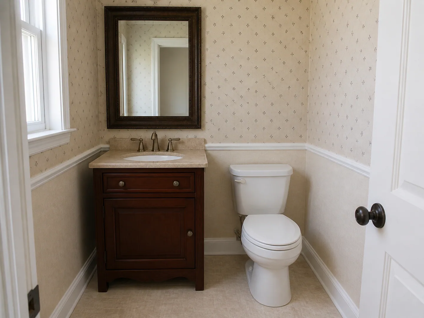 Dated powder room with cherry vanity and wallpaper