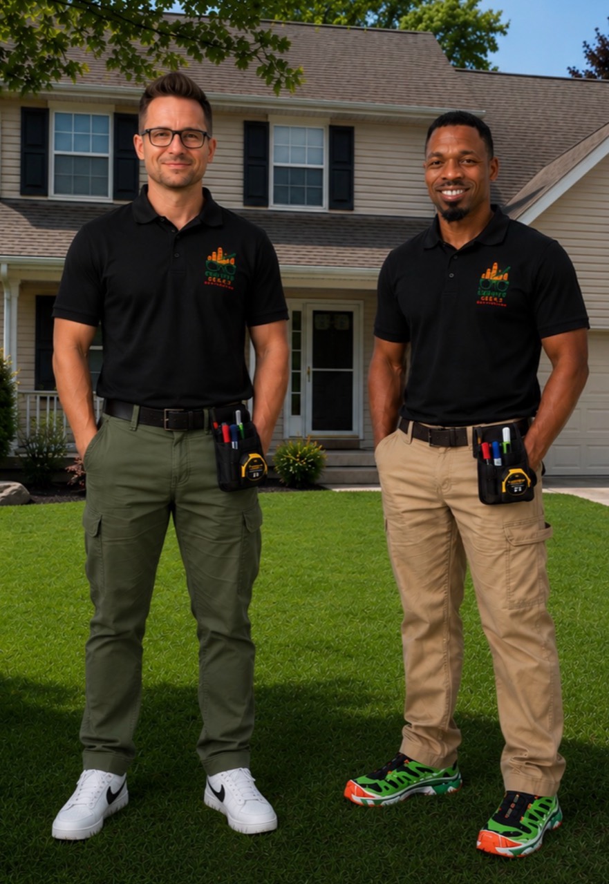 Two Equity Geeks inspectors standing together in front of a Northeast Ohio home
