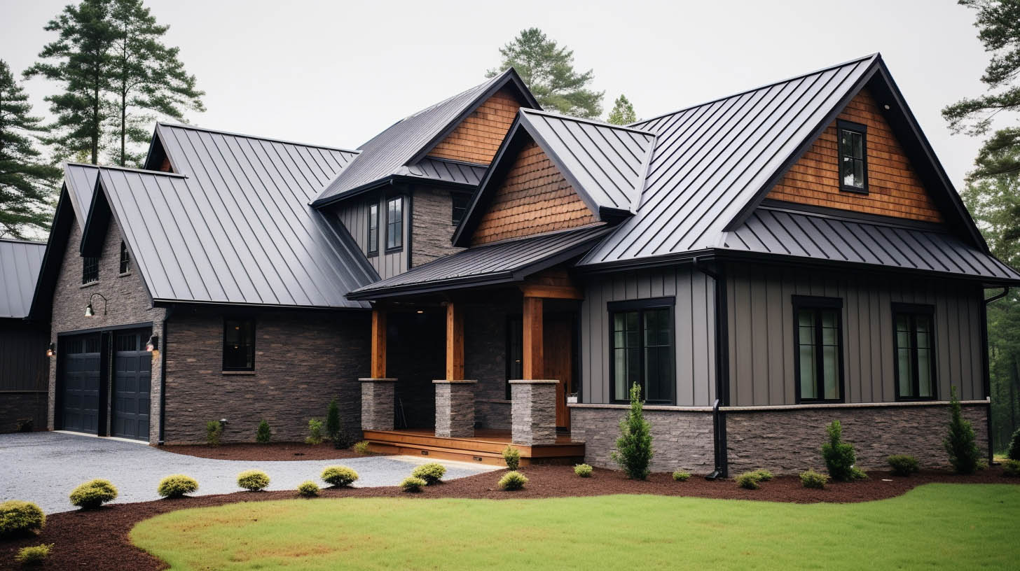 Contemporary Craftsman home with charcoal metal roofing, dark masonry, warm wood accents, and landscaped front elevation
