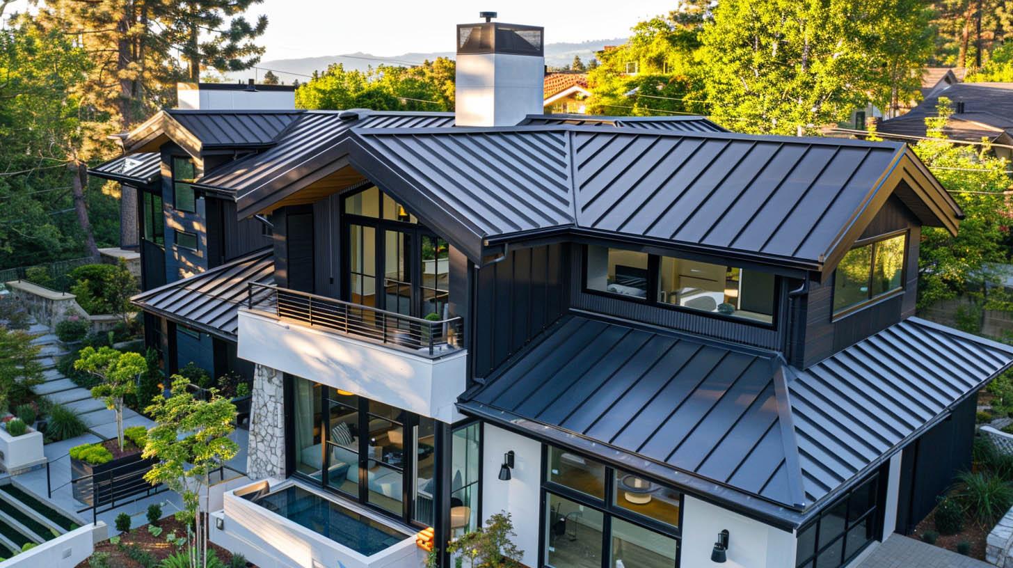 Modern two-story home with black standing-seam roof, dark exterior panels, white stucco, and large windows