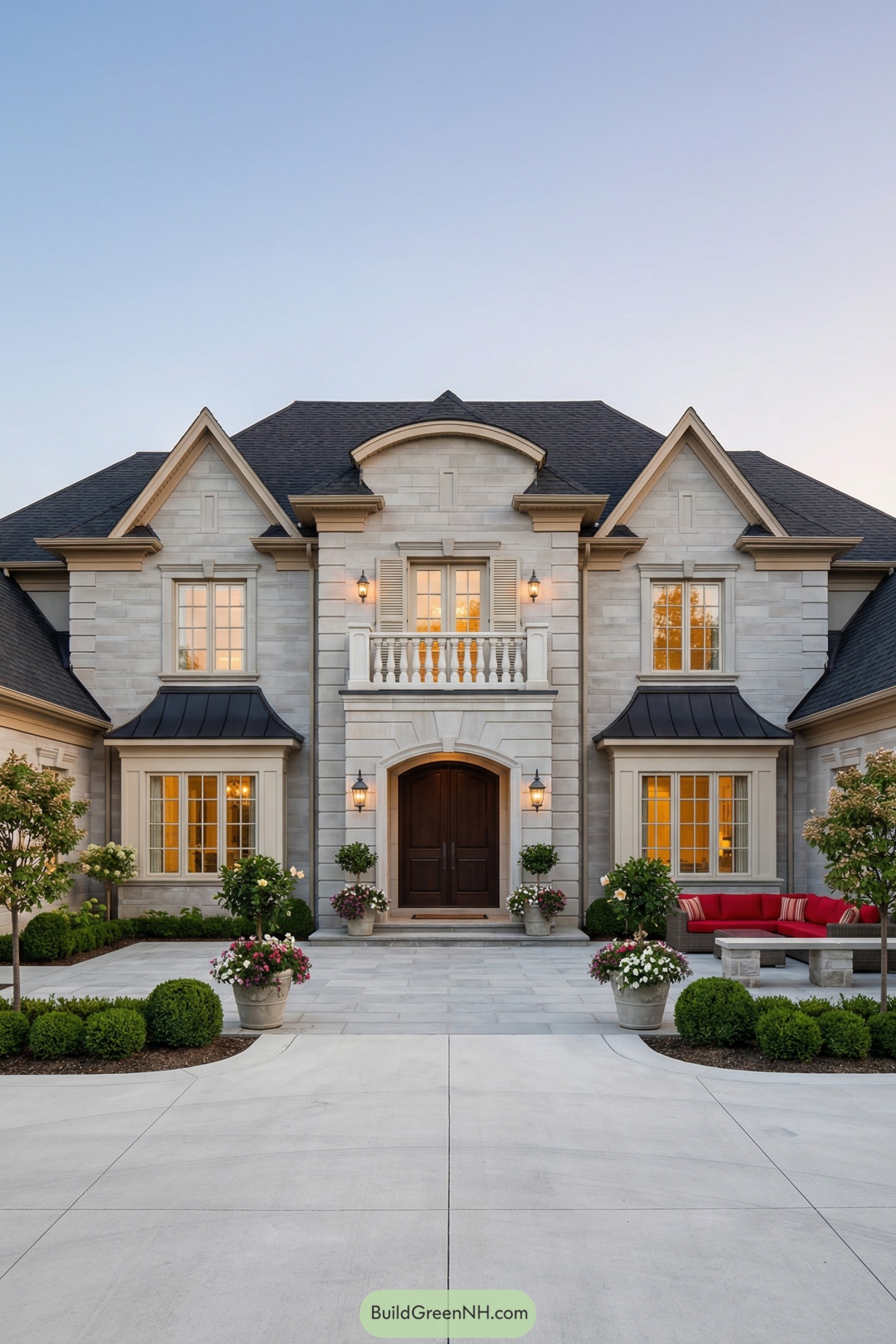 Symmetrical traditional home with pale limestone facade, dark shingle roof, formal entry, and landscaped courtyard