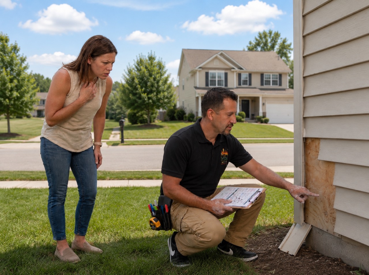 Inspector documenting an exterior condition beside a home