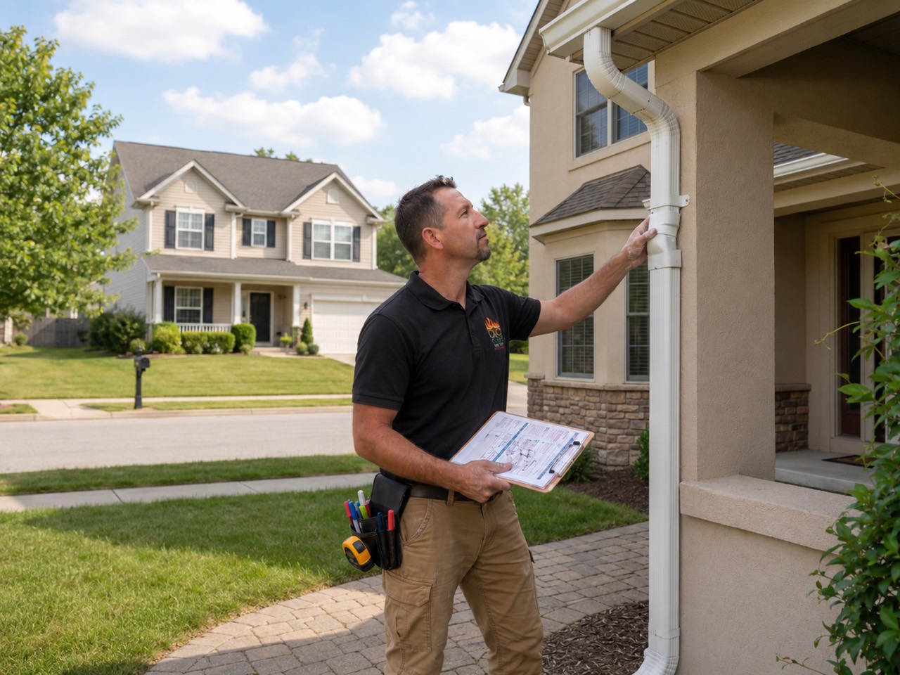 Inspector checking a downspout and gutter system from ground level