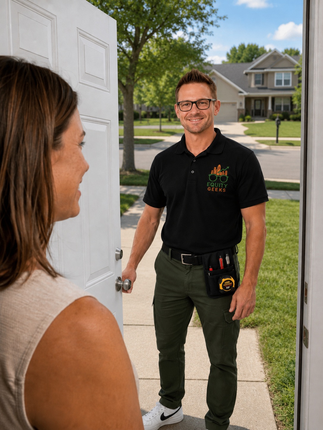 Equity Geeks inspector greeting a homeowner at the front door across the street