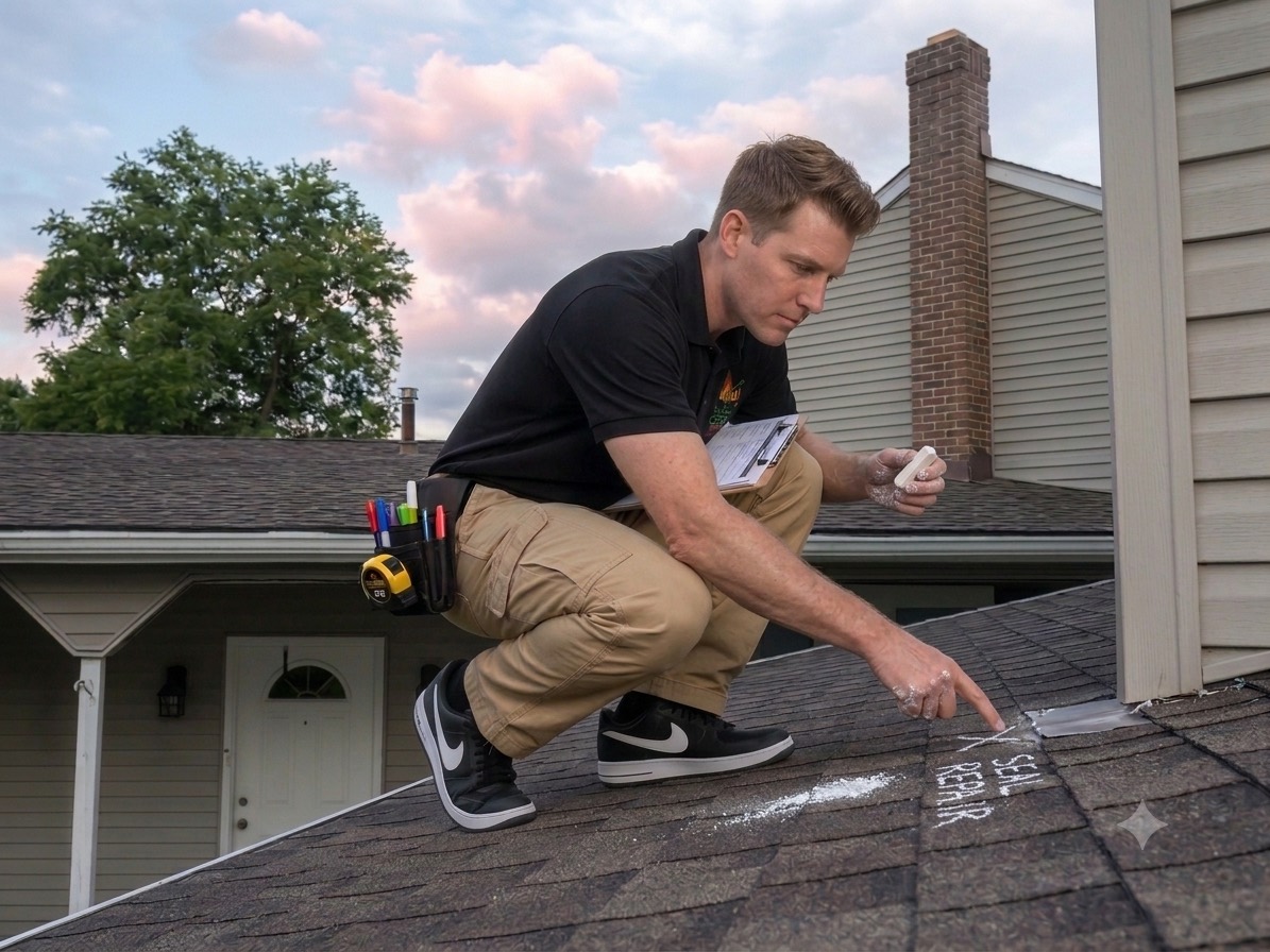 Qualified inspector documenting a roof finding with chalk reference marks