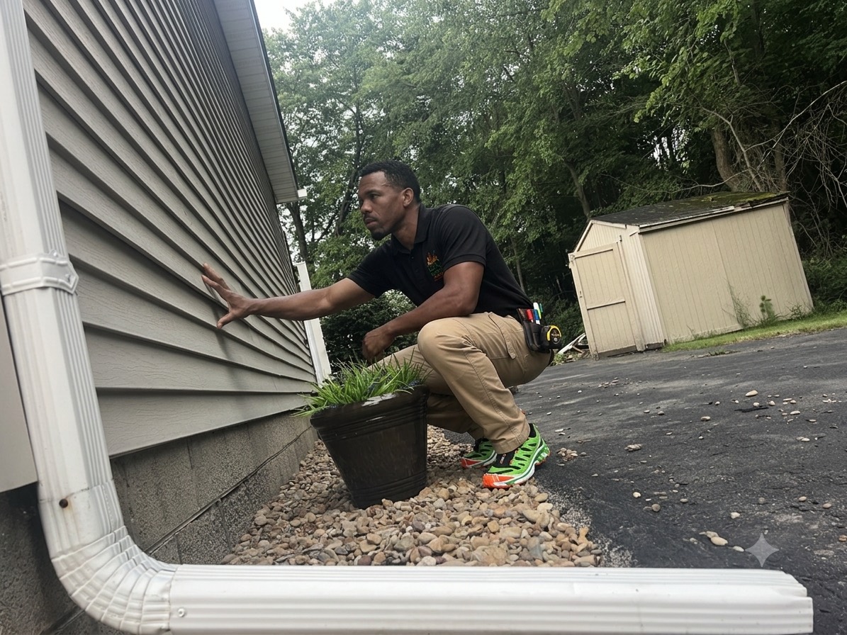 Inspector checking siding and the foundation transition from ground level