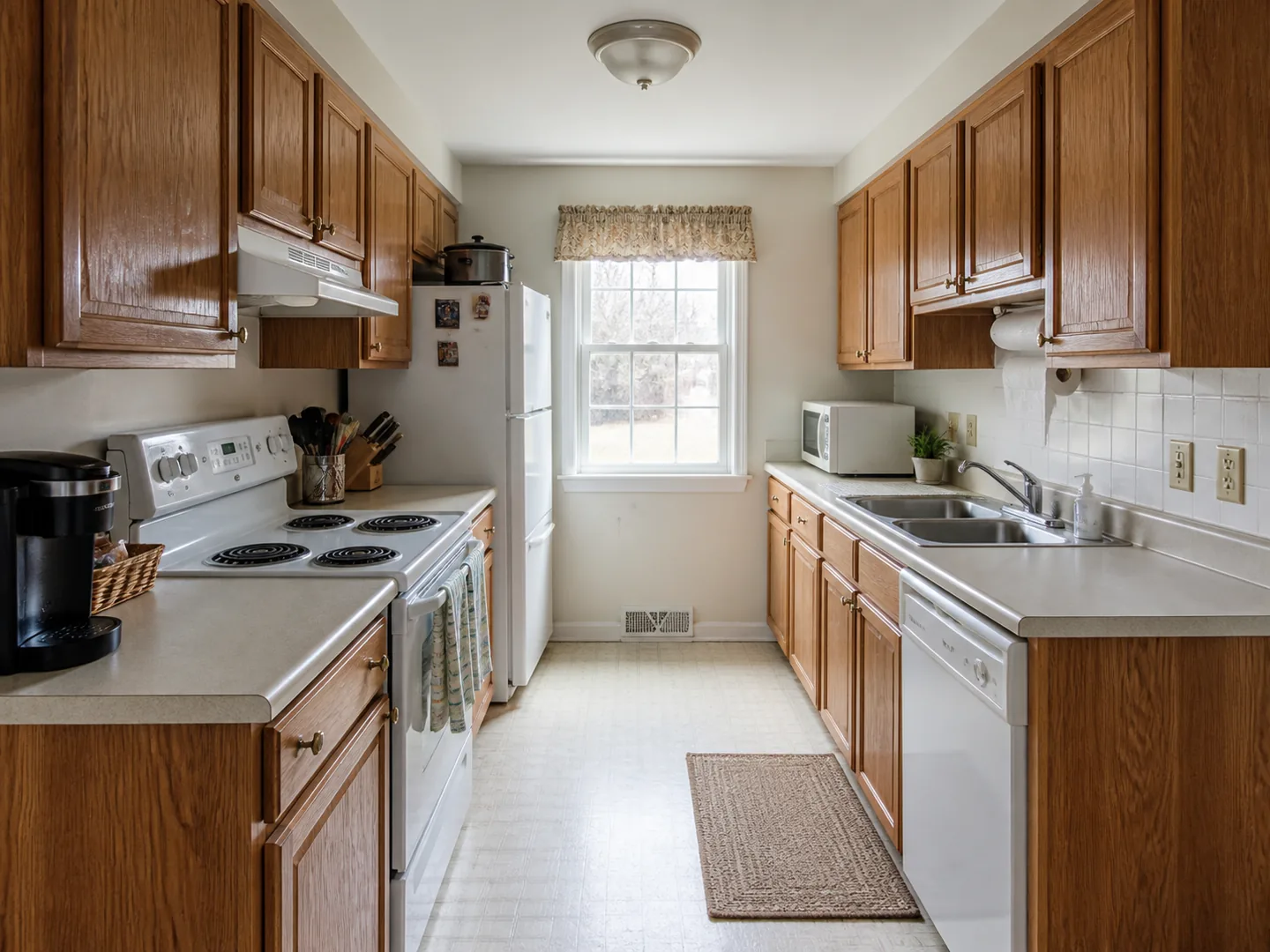 Narrow galley kitchen with parallel oak cabinet runs