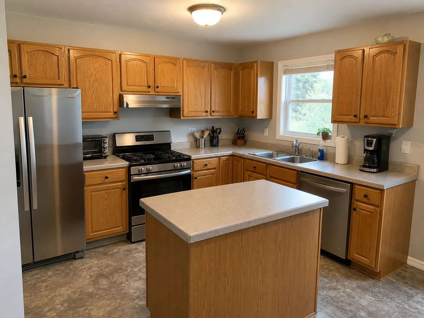Open-layout kitchen with dated wood cabinets