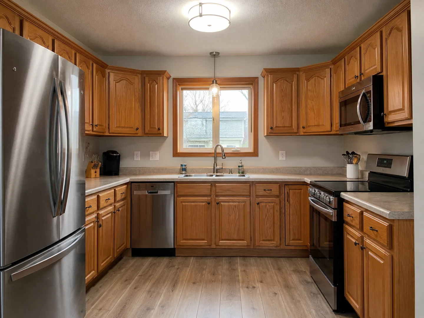 U-shaped kitchen with honey-oak upper and lower cabinets