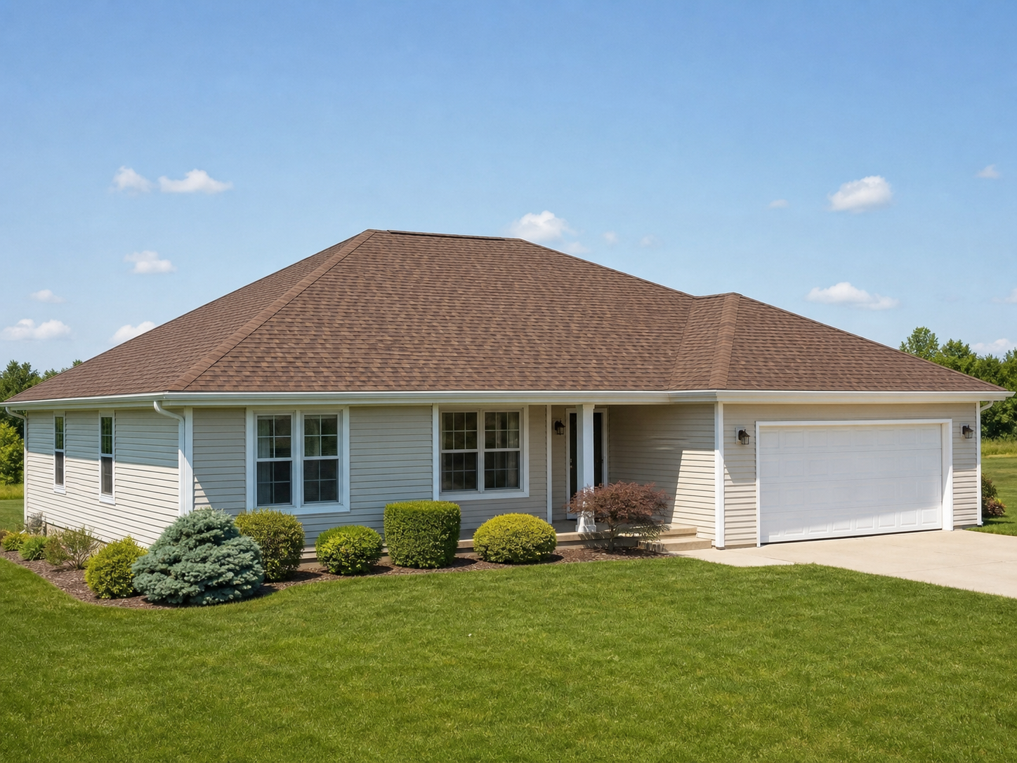 Single-story ranch home with a large visible asphalt-shingle hip roof